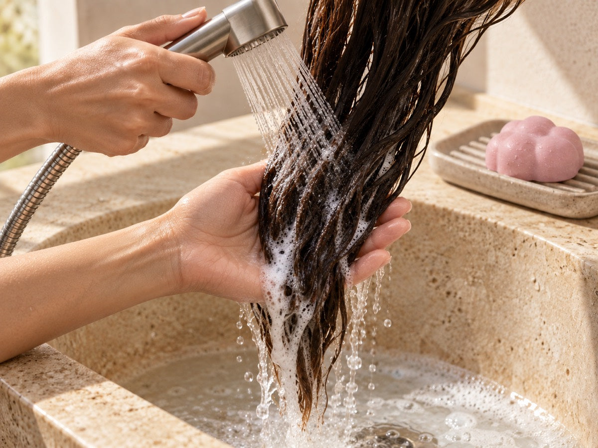 Hair is rinsed thoroughly with water.