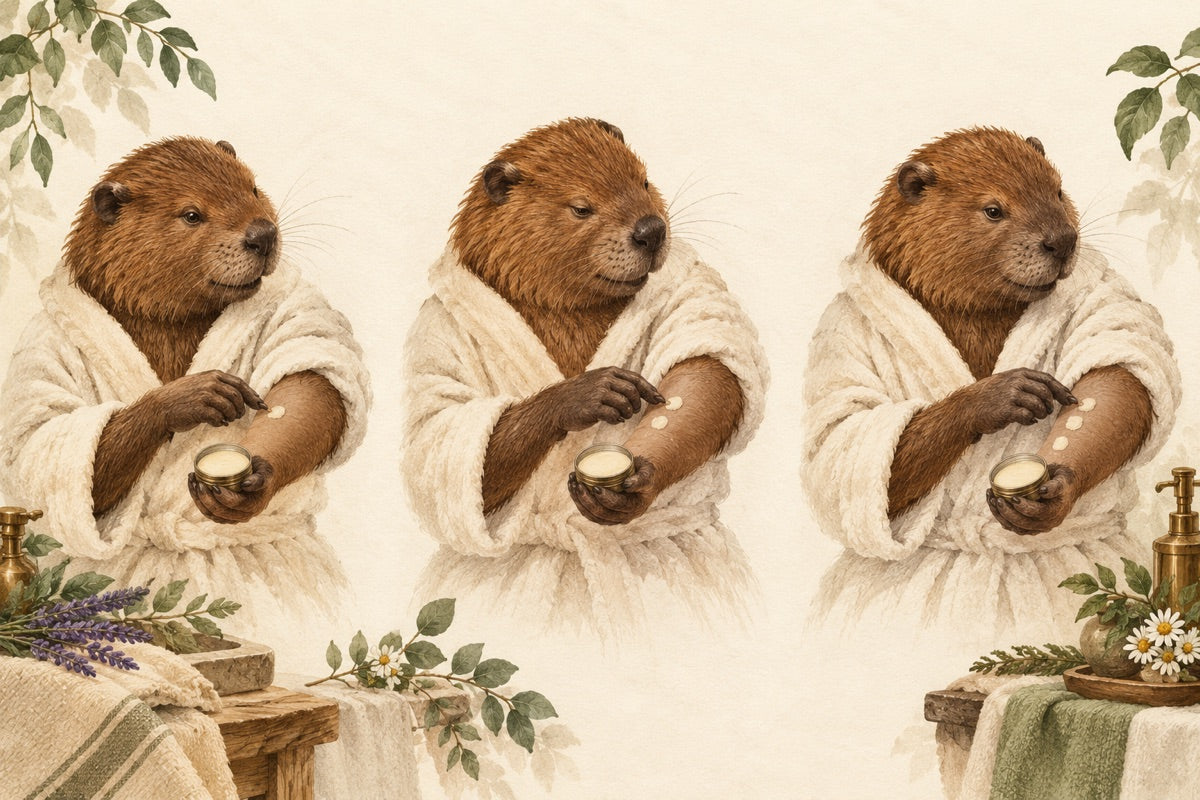 Three robed beaver illustrations, with a small shallow perfume tin and one, two or three dab marks on the forearm.