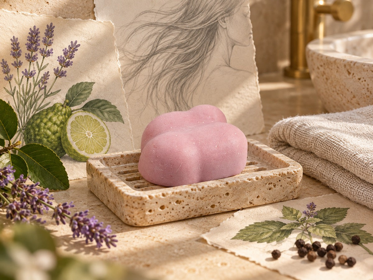 A pink cloud-shaped shampoo on a draining dish with lavender and bergamot botanical illustrations.