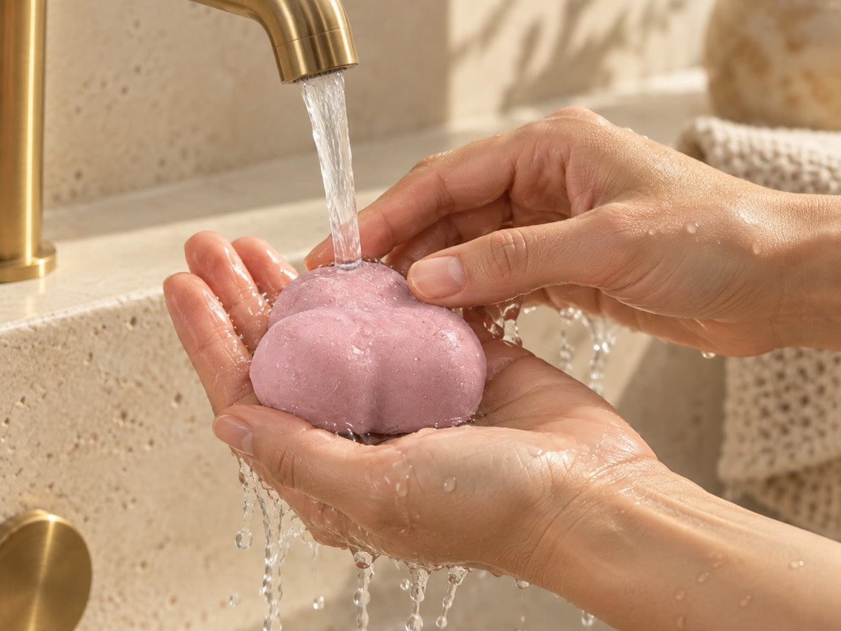A pink shampoo bar held in hands is wetted with water.